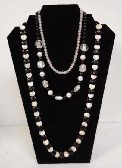 3 MOP, Rock Crystal Black/ White Necklaces: Inc. 27" Mother of Pearl & Black Glass Disk Necklace, 17" Rock Crystal, Black Agate Faux Pearl Necklace & 12 1/2" Opaque Glass Choker.