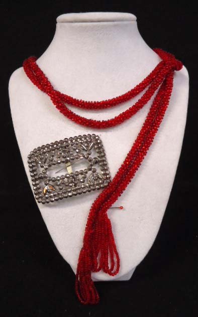 Victorian 2 pc. Flapper Neck/ Cut Steel Buckle: 54" Cherry Red Glass Seed Bead Flapper Necklace w/ Tassels. 2 3/" X 1 3/4" Victorian Steel Cut Bead Buckle mrkd Made In France