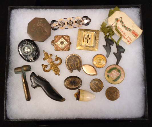 Victorian, Antique Misc. Pieces: Inc. 2 Victorian Pin's, Pin Back Button, 2 Vict. Closures, Shoe, Charm