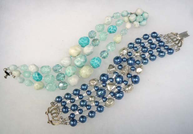 2 Vtg. Beaded Multi-Strand Bracelet's: Inc. 5 Strand 8" Bracelet & 3 Strand 8" Blue Bead Bracelet w/ Cluster Clasp