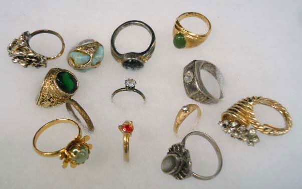 13 Vtg. Costume Ring's: Inc. Turquoise, Abalone, Rhinestone & Faux Gemstones