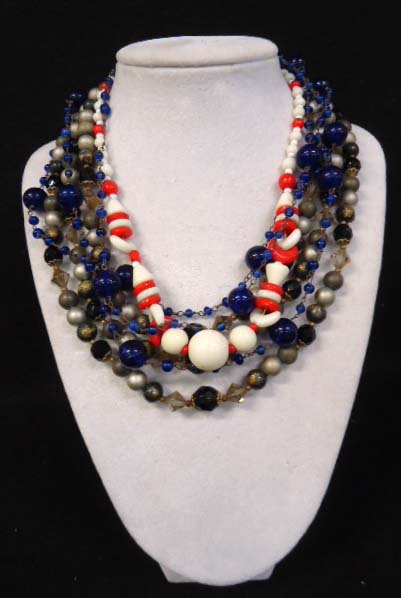 3 Vtg. Glass Bead Necklaces: Inc. 52" Cobalt Glass Art Bead Necklace. 17" Red & White Glass Bead Choker & 15" - 3 Strand Moonglow, Black Glass Bead Choker.