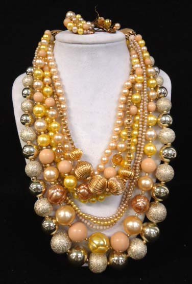 3 Multi-Strand Vtg Necklaces: Inc. 7 Strand Yellow, Peach, Faux Pearl Necklace w/ Partial Earrings 20 1/2". 23" Textured Gold Bead Necklace. 16" Textured Metal Bead Choker.