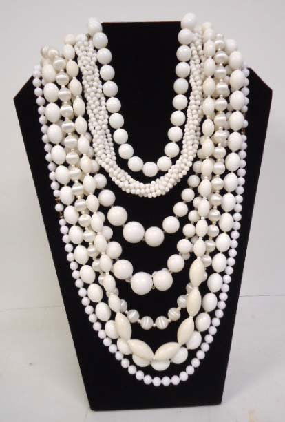 4 Milk Glass Necklace - 3 Sgnd Lucite Neck's: Inc. 14" to 62" Milk Glass Bead Necklaces. 15" Choker,19" 2 Strand White Glass Bead Necklace w/ Lucite Earrings. Sarah Cov. Trifari, Sterling, Lucite