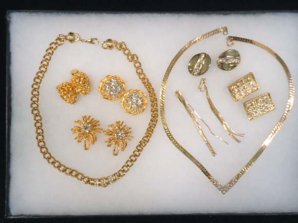 8 pc. Quality Rhinestone Jewelry: Inc. 16 1/2"& 17" Goldtone & Rhinestone Chokers, 6 pr.'s Goldtone & Clear Rhinestone Earrings.