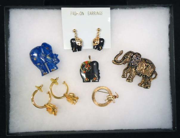 Vtg Elephant Jewelry, 6pc: Inc. 2 1/4" Gold & Black Elephant, 1 1/2" Cobalt Matrix Elephant (damaged). 1 1/4" Onyx & Enameled Pendant & 1" Black Glass Earrings. Goldtone Pin & Earrings.