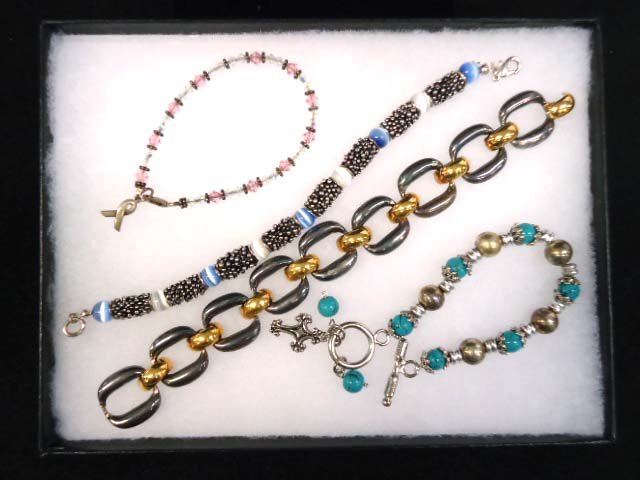 4 Vintage Bracelet's, 2 Signed: Inc. 8 1/2" Link Bracelet & 8 1/4" Textured, Moonglow Bead Bracelet, Sgnd Look Closely. 8" Faux Turquoise & 7 1/2" Glass Bead Sterling Clasp Bracelet.