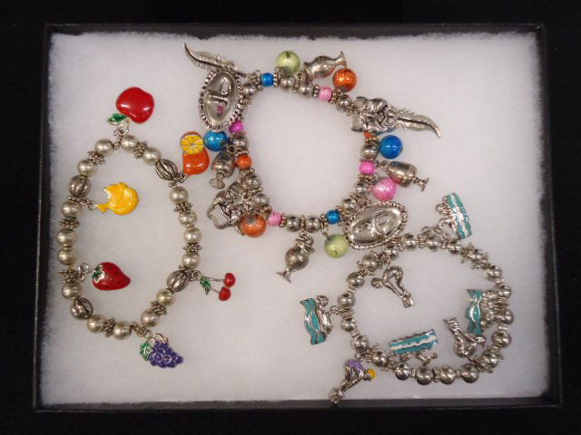 3 Stretch Charm Beaded Bracelet's: Silver Bead, Multi-Charm Novelty Stretch Bracelet's. Mardi-gras, Swimmer, Fruit