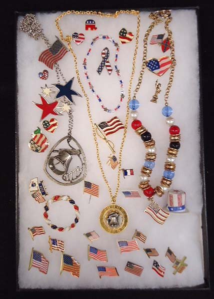 Various Vintage Patriotic Jewelry: Flip Pendant Necklace, Porcelain Thimble, Brooch, 2 Dozen Flag Pin's, plus more