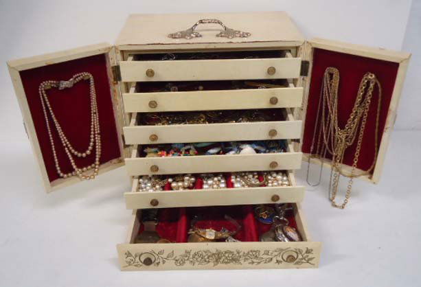 Large Vtg Jewelry Box Full of Jewelry: Inc. Carved Ivory Earrings, Elgin, Seiko Watches, Delaware Pocket Watch, Avon, Faux Pearls, Religious, Men's Plus More. 6 Drawer Jewelry Box 11 X 11 X 8". Some Damage on Box
