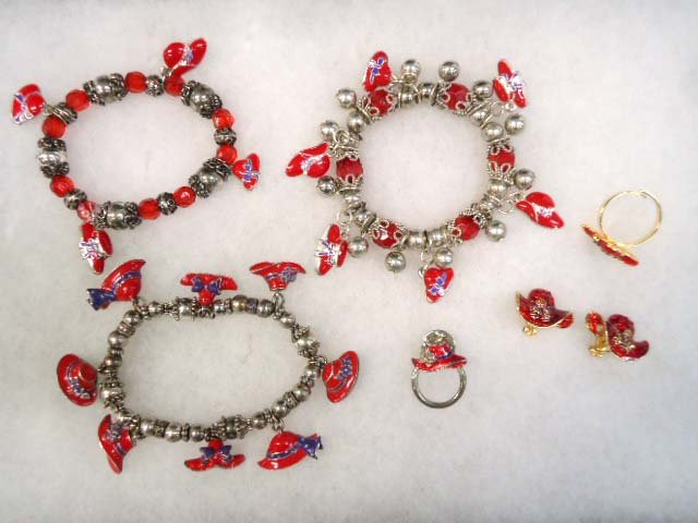 Red Hat Ladies Charm Bracelet's - Jewelry: Inc. 3 Silvertone Beaded Charm Bracelet's. Pr. Of Goldtone Earrings, Adjustable Ring, Lapel Pin