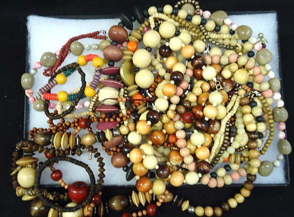 13 Vtg. Wooden Necklaces, 4 Bracelets: Multi-Strand, Single. All w/ Wooden Beads