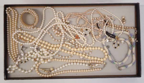 Lg. Faux Pearl Jew.,Hand Tied, Opera Etc.: Inc. 21" Faux Pearl Hand Tied Necklace, Sweater Clips, 50 1/2" Opera Length Necklace, Earrings, Bracelet.