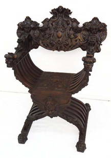 Heavily Carved Savonarola Chair: 41"T x 33"W x 30"D