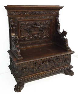 Heavily Carved Griffin Hall Seat: 51 1/2"T x 48"W x 24"D