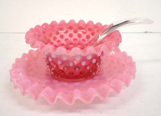 3pc Fenton Cranberry Hobnail Relish: w/ underplate and spoon. 4 1/2" bowl, 6 1/2" plate,