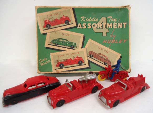 Hubley Kiddie Toy Assortment: 8" x 12" Box Has Motorcycle Instead of Taxi