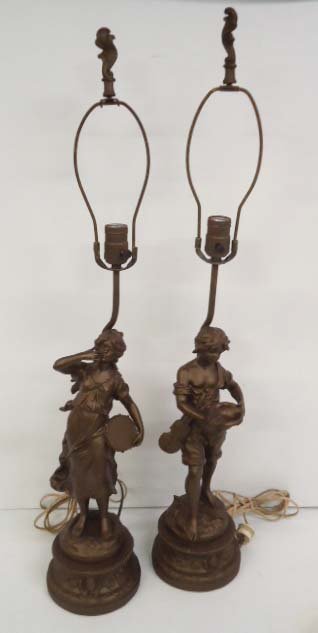 Pr Metal Moreau Statue Lamps: Orig. Finials 32 1/2"T To top of Finials