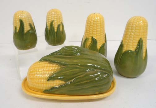 5pc Shawnee Corn Butter, Salt & Pepper: S & P 3"T, 5 1/2"T Butter 7"L