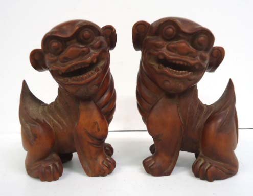 Pr Carved Wood Foo Dogs: 7 1/4"T