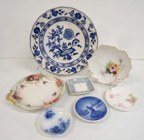 7pc Flow Blue & HP China: 3" - 8" Flow Blue Butter Pat & "Onion" Plate Other Butter Pats & Nippon Bowl