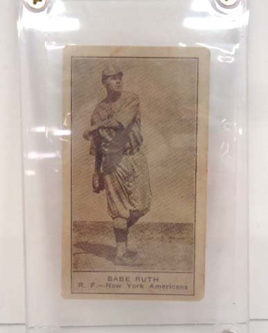 Babe Ruth Baseball Card: 3 1/2" x 2" Card This card is "as found". It is enclosed in plastic and I have not opened it. It is just the way it came from the estate. You are buying it as is.