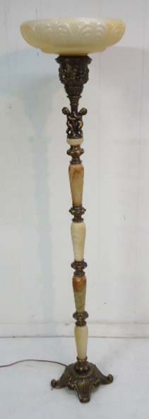 Great Antique Floor Lamp: Bronze & Alabaster w/ Cherubs 61"T
