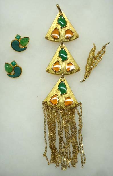 Crown Trifari, CastleCliff Jewelry: inc. 10" Green/Gold Poured Lucite & Goldtone Fringed Pendant, Sgnd. Trifari w/ Crown. 2 7/8" Castle Cliff Pea Pod Pin w/ Faux Pearl's. 1 1/8" Signed Leather/Art Glass Earrings.