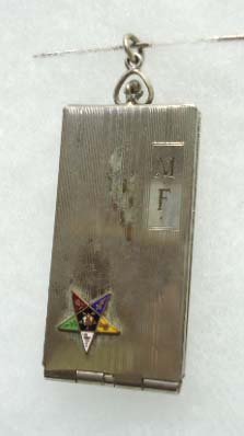 Early Eastern Star Card Case: 2 1/2"x 1" Silvertone Eastern Star Card Case Locket Pendant w/ membership letter from 1927.