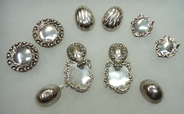 5 Vtg Pr. Sterling Earrings: inc. 1 3/4" Luggage Tag Ornate Earrings. 7/8", 1 1/8" Ornate Earr. 7/8" & 1" Hollow Earr. All Pierced. 49.92g - 1.760oz