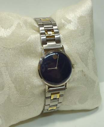 Vtg Movado 14K Gold M Watch: Midnight Blue Modern Art 1" Face wrist Watch on Silver/Gold link Band. Mrkd 14k Gold M