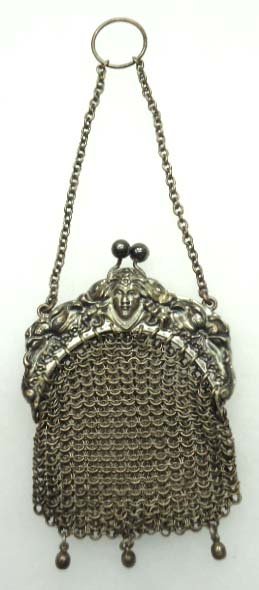 Art Nouveau German Silver Purse: 3 3/4" x 2 3/4" on 4 1/2" Chatelaine Chain. Deep Reposse Carving.