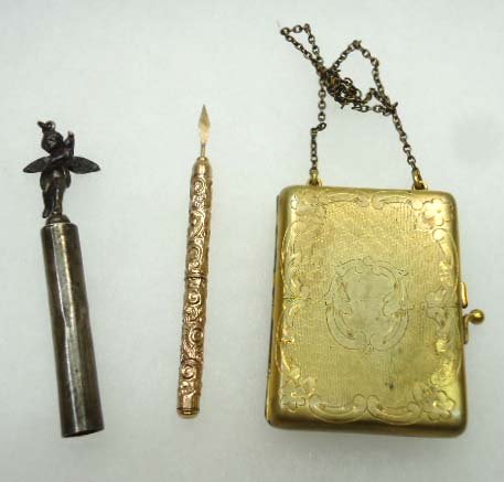 Eagle Pencil Co-Victorian Card Case: 3" Ornatly Embossed Chatelaine Pencil, mrkd Eagle Pencil Co. 2 1/4" x 1 3/4" Victorian Card Case (clasp broken) on Fine Chain. 3" Silver Chatelaine Pencil Cover.