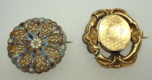 2 Vict. Pin's. Locket, Enameled: 1 1/8" Beautifully Enameled Open Work Vict. Pin. 1 1/4" Hollow Gold Vict. Locket Pin.