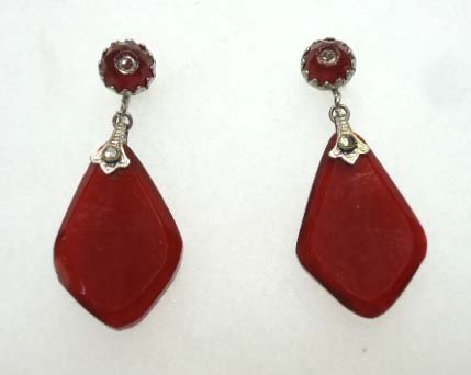 1920's Carnelian Marc Earrings: 1 7/8" x 3/4" Carnelian Drop Earrings w/ Marcasite Accents. Screw Back