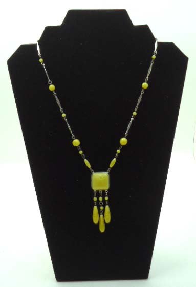Early Czech Lemon Glass Necklace: 20" w/ 2 3/4" Drop 20mm Bezel Set Center Drop w/ 22mm Teardrop Beads. Thumb Nail Spring Clasp. Mrkd Czecho
