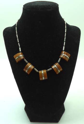 Machine Age Deco Bakelite Choker: 17 1/4" Jacob Bengel ? Machine Age Chrome Link, Caramel Bakelite Choker w/ 3/4" x 1/2" Segmented Link's. Textured Barrel Clasp.