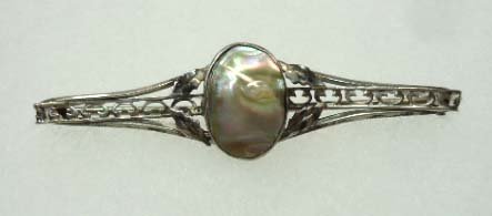 Blister Abalone Sterling Vict Pin: 2 3/8" x 5/8" Pierced Openwork Sterling victorian Pin w/ 16mm Bezel Set Blister Abalone Cabochon. Extended Pin . C Clasp