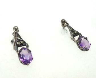 Vtg Sterling, Amethyst Marcasite Earrings: Delicate 15/16" Sterling Marcasite & 8mm Open Back Faceted Prong Set Amethyst Earrings