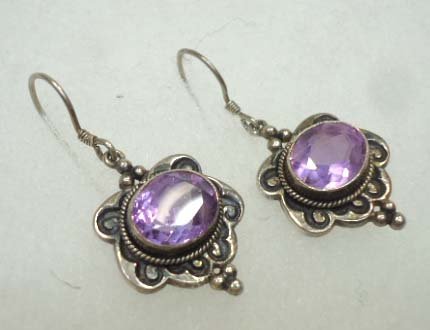 Vtg Sterling & Amethyst Earrings: Beautifull Open Back, Faceted Amethyst 12mm Stones. Bezel set in Carved Sterling Setting. Fish Hooks