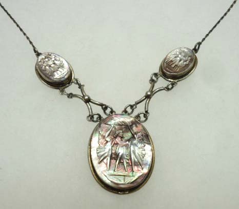 Sterling Abalone Triple Cameo Necklace: 24" Sterling Fine Chain Necklace suspending 2 Bezel Set 3/4" Abalone Cameo's w/ 1 3/8" Center Abalone Cameo.