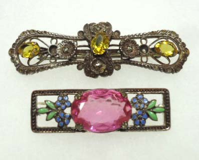2 Victorian Rhin. Enameled Marcasite Pin's: Inc. 11/16" x 1/2" Enameled Silvertone Pin w/ 18mm Faceted, Openback, Bezel Set Pink Glass Stone. C Clasp. 1 1/2"x 13/16" Embossed Silvertone Pin w/ 4 Marcasite & 3 Oval Citrin Glass Stones