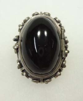 Great Artist Sgnd Eagle Mrkd Locket Pin/Pend: 1 1/2"x 1 1/8"x 7/8" Locket/ Pin Pendant w/ 30mm Semi Precious Deep Gray Cabochon. Iridescent when held right. Scroll Work Edges. Artist Signed w/ Eagle Mrk. Look Closely