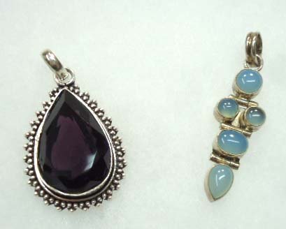 2 Sterling Moonstone Amethyst Pendants: inc. 2 1/8" x 1 1/8" Bezel set in Beaded Sterling Frame Pend w/ 30mm Factd, Open Back Teardrop Purple Glass Stone. & 2 1/8" x 1/2" Hinged Sterling & Bezel Set Blue Moonstone Cabochon.