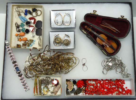Large Vtg Jewelry Lot: 22 pr.s Costume Earrings, 5 Pendant's, Citizen Watch, Mason Pin, Miniture Violin, Various Chain Necklaces