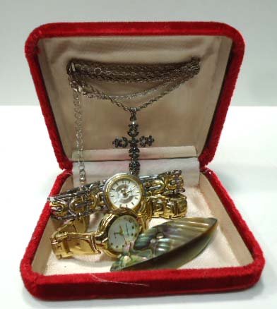 Vtg Abalone Shuttle, Cross Pend, Watches: 2 Vtg Watches - Geneva & Charles Delon. 1 5/8" Faux Marcasite Silver & Copper Bead Cross on Silver Chain. 2 5/8" Abalone Shuttle.