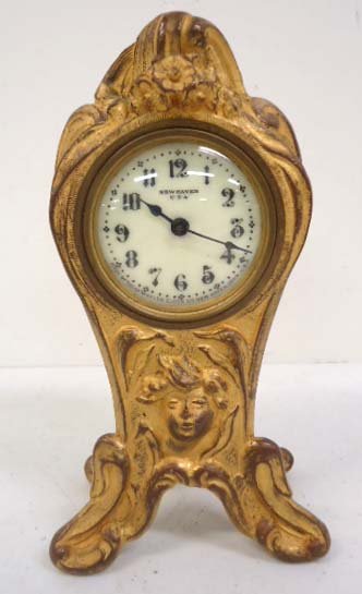Bronze Art Nouveau Clock: 6 3/4"T New Haven, Runs for 2-5min's