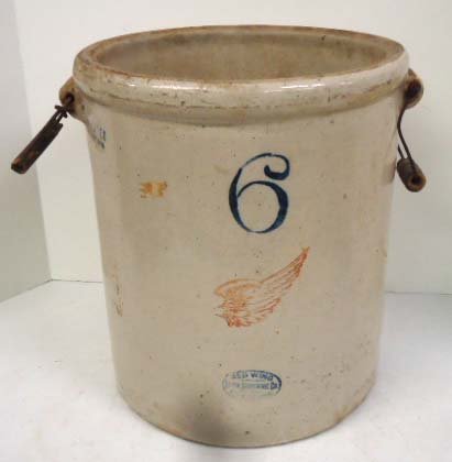 6 Gal. Redwing Crock: 14 1/2"T. Has Both Bail Handles