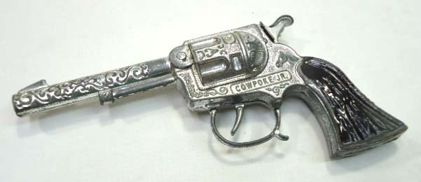 Cowpoke 8" Cap Pistol: 8"L, Notch bar, stag grips, good action