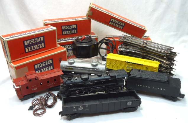 Lionel Train Set: Metal Locomotive - 2036 10 1/4" x 2 3/4", Plastic Tender No. 6466 7 1/4" x 3 1/4", Stock Car No. 6656 w/ Box 8" x 3", NYC Car w/ Box No. 6462 9 1/2" x 2", "Sunco" Tank Car w/ box No. 6465 8" x 3 1/4",